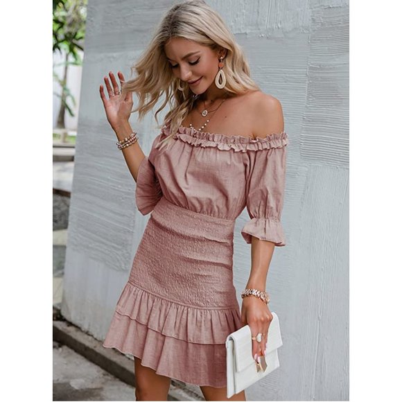 Blush Pink Ruffle Smocked Off Shoulder Lantern Sleeve Bodycon Mini Dress Sundres - Picture 3 of 7